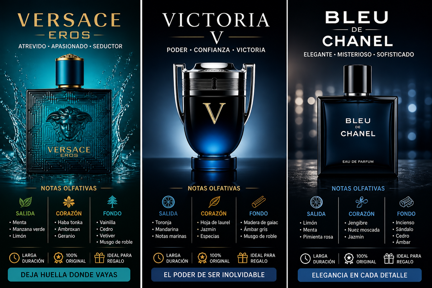 Versace Eros + Victory + Bleu Chanel – Combo Premium Masculino