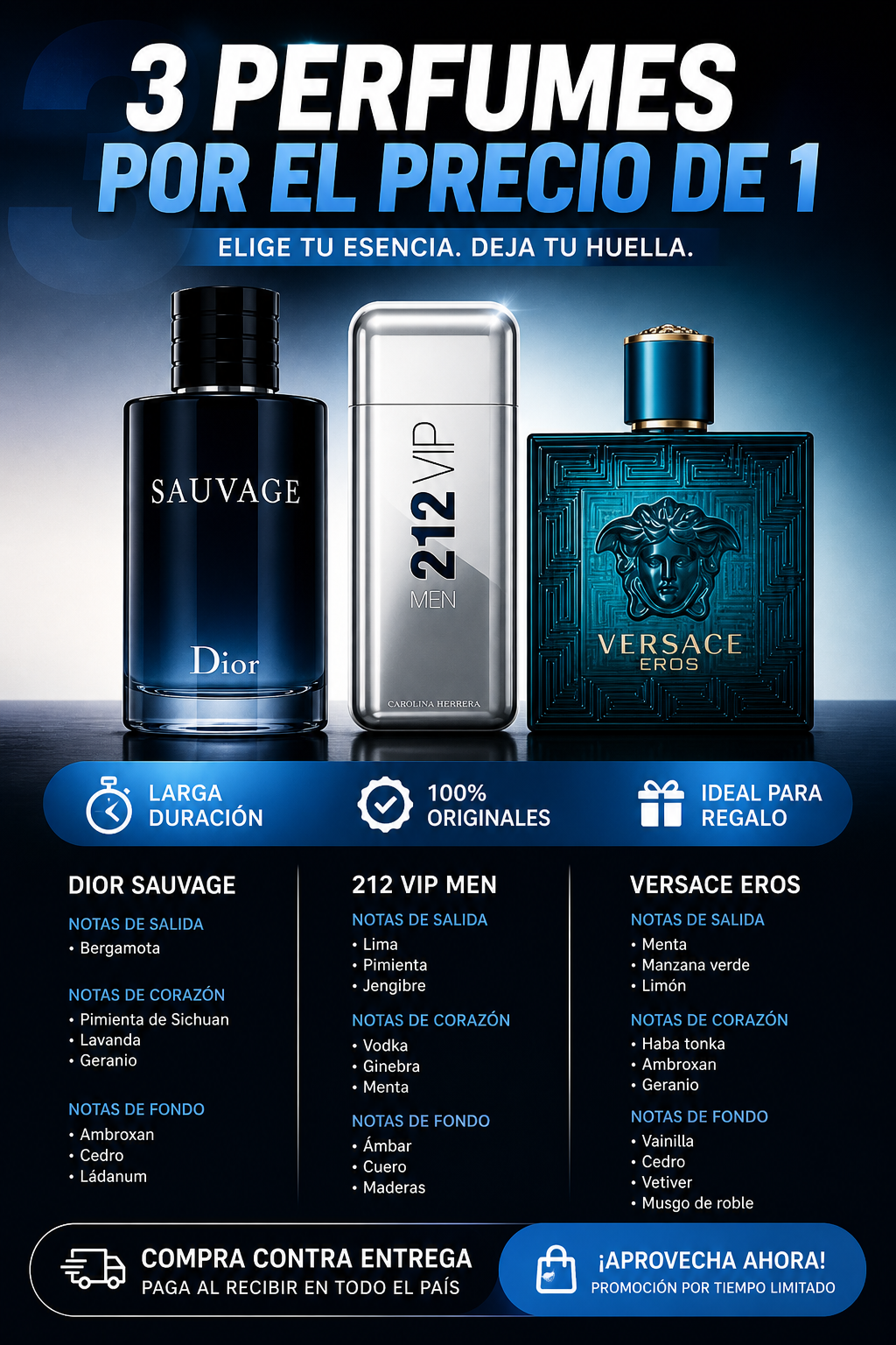 🚀 Triple Impacto Masculino: Sauvage + Bleu + 212 VIP en un Solo Combo